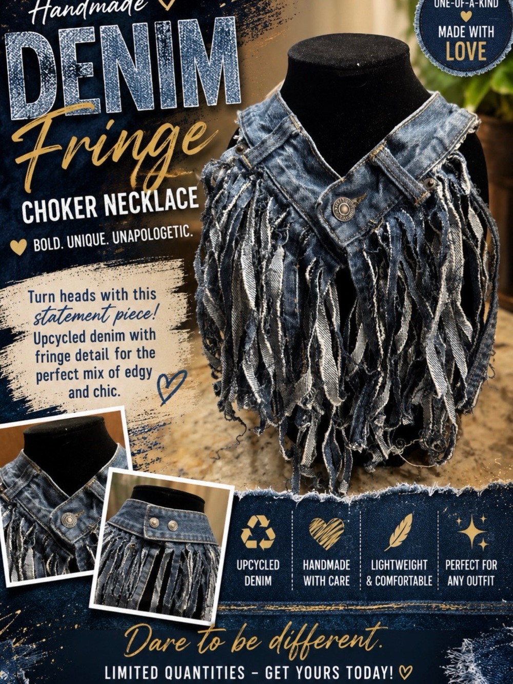 Handmade Denim Fringe Choker Necklace - Blue